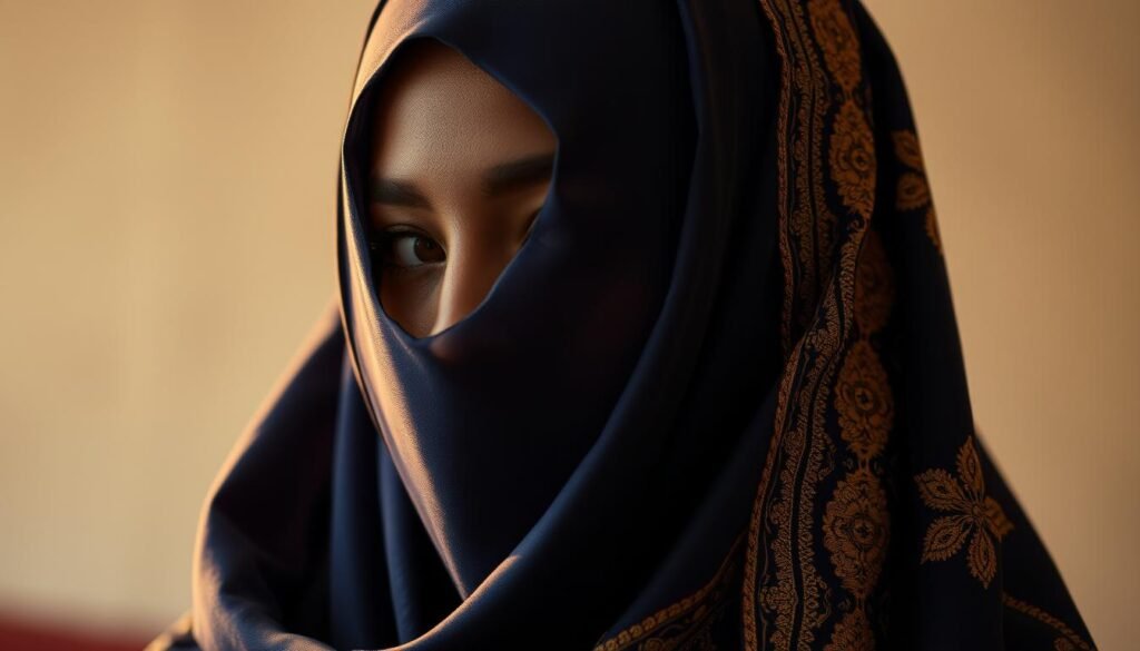 A close-up shot of a beautiful, intricate khimar in shimmering tones of navy and gold. The headpiece is draped gracefully, cascading in soft folds that frame the wearer's face. Delicate embroidered patterns dance across the fabric, reflecting the warm, ambient lighting. The khimar takes center stage, its rich colors and elegant silhouette symbolizing the cultural identity and spiritual significance it holds for the wearer. The background is slightly blurred, allowing the khimar to be the focal point, a testament to its importance as a distinctive garment in the Islamic tradition.