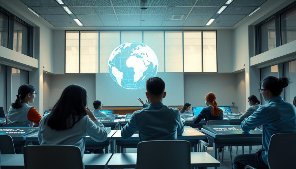 A digital classroom with a holographic projection of a globe, representing the global context of education. In the foreground, students actively engage with interactive touchscreen displays, exploring digital content. The middle ground features a teacher using a tablet to guide the lesson, surrounded by futuristic desks and chairs. The background showcases a sleek, minimalist architecture with large windows, allowing natural light to flood the space. The lighting is soft and evenly distributed, creating a sense of calm and focus. The overall atmosphere conveys a harmonious blend of technology and pedagogy, reflecting the "Society 5.0" era of education.