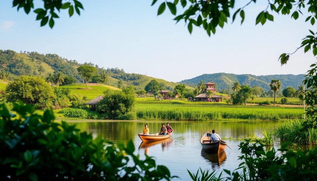 A lush, verdant landscape in Riau, Indonesia, showcasing the region's vibrant tourism industry. In the foreground, a tranquil lake reflects the surrounding foliage, with traditional wooden boats gently gliding across the surface. In the middle ground, a group of local villagers can be seen engaged in various agricultural activities, highlighting the region's agricultural heritage. In the background, rolling hills and a clear, azure sky set the scene, exuding a sense of serenity and natural beauty. The lighting is soft and diffused, creating a warm, inviting atmosphere that captures the essence of Riau's tourism appeal. The composition emphasizes the harmonious integration of nature, local culture, and the region's vibrant tourism industry.