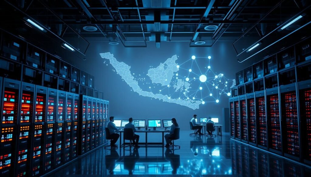 A secure national cyber center with state-of-the-art technology. In the foreground, a futuristic data center with glowing holographic displays and servers humming with power. In the middle ground, teams of cybersecurity experts monitor network activity, analyzing threats and deploying countermeasures. In the background, a stylized map of Indonesia with interconnected nodes representing a secure, resilient digital infrastructure. Dramatic lighting casts sharp shadows, conveying the gravity and importance of the facility's mission. The scene exudes a sense of technological prowess, strategic collaboration, and unwavering commitment to safeguarding Indonesia's digital sovereignty.