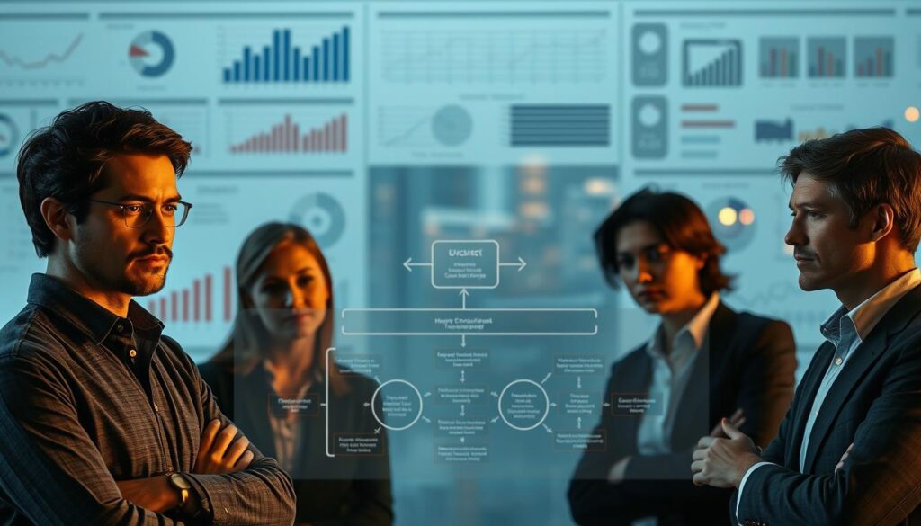 A serene and focused evaluation framework against a backdrop of analytical charts and data visualizations. In the foreground, a group of researchers and program managers deeply engaged in discussion, their expressions pensive yet determined. The middle ground features a detailed process diagram, its interconnected steps illuminated by soft, diffused lighting. In the background, a gently blurred cityscape symbolizes the real-world impact of the evaluated program. The overall mood is one of rigorous, collaborative evaluation, driven by a shared commitment to understanding and improving social impact.