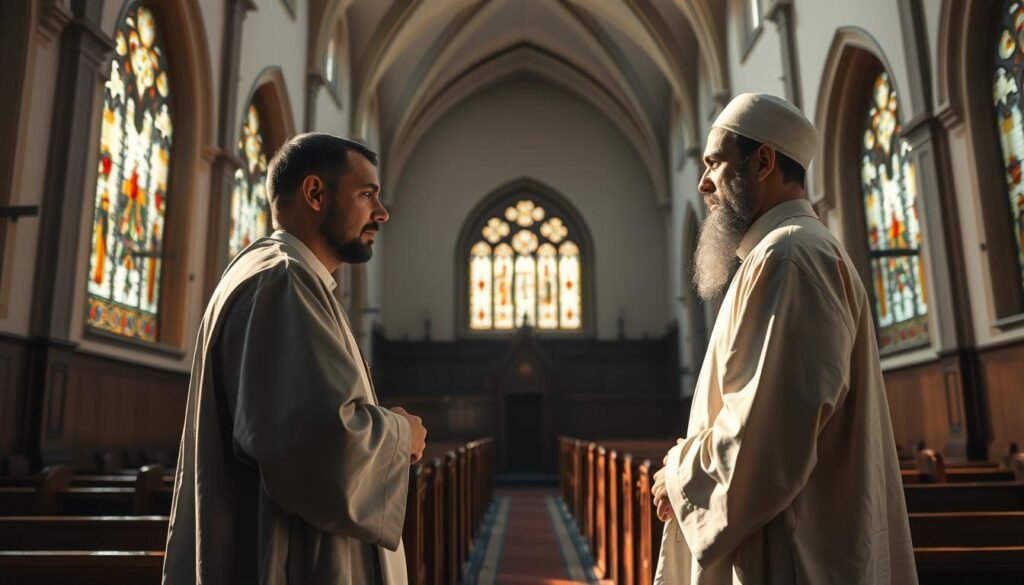A serene interfaith dialogue, set against a backdrop of a sun-dappled church interior. In the foreground, two figures - one in Christian robes, the other in Islamic attire - stand face-to-face, their expressions contemplative as they engage in thoughtful discussion. The muted lighting casts a reverent atmosphere, while stained glass windows filter warm hues that bathe the scene in a sacred glow. The middle ground features ornate wooden pews and intricate architectural details, hinting at the shared roots of these religious traditions. In the distance, a vaulted ceiling rises, its soaring arches symbolizing the interconnectedness of faith. An image that captures the essence of understanding and respect between Christianity and Islam.