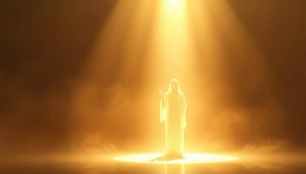 A serene, minimalist depiction of the divine essence of the Christian God, bathed in warm, diffused light. In the foreground, an ethereal, luminescent figure radiates a sense of peace and infinite wisdom. The middle ground features abstract, swirling patterns of light and shadow, symbolizing the mysteries and complexities of the Almighty. In the background, a hazy, celestial landscape suggests the boundless, transcendent nature of the Christian deity. The overall tone evokes a profound sense of reverence, contemplation, and the potential for a deeper, more nuanced understanding of the divine within the Christian faith.
