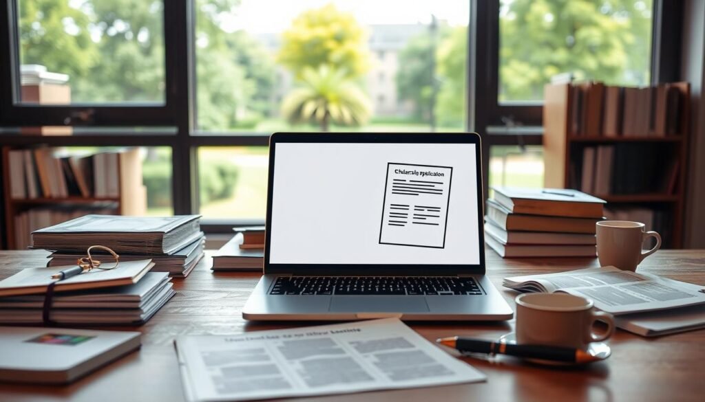 A sleek, modern laptop rests on a wooden desk, its screen displaying a stylized illustration of a scholarship application form. In the foreground, neatly organized folders and documents suggest a well-organized research project. The middle ground features several academic books, a cup of coffee, and a pen, creating a scholarly atmosphere. The background showcases a large window overlooking a serene, lush campus, bathed in soft, natural lighting. The overall scene conveys a sense of academic focus, diligence, and the pursuit of higher education through research-based scholarships.