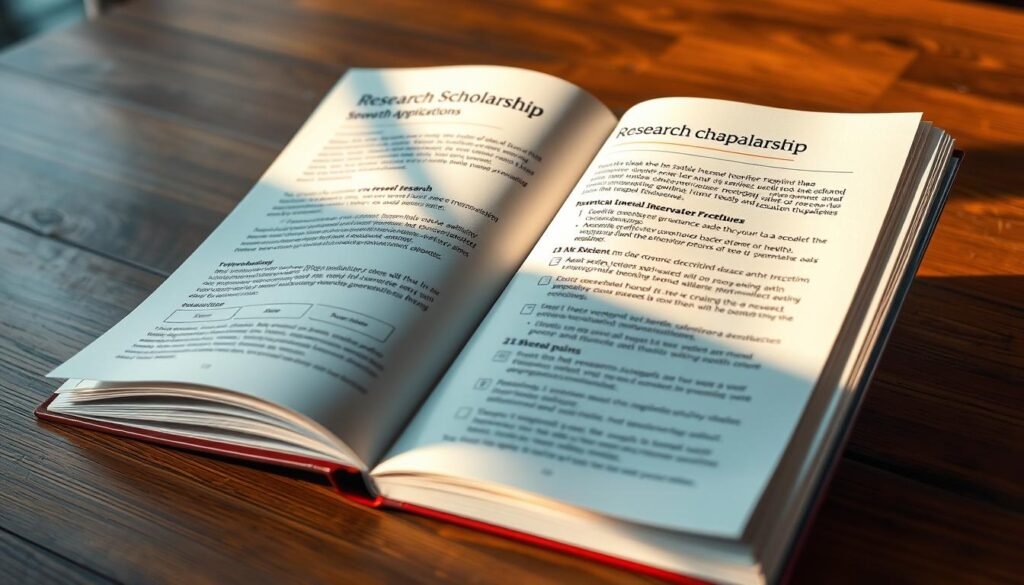 A sleek, modern-looking guidebook on a wooden desk, opened to reveal detailed information on research scholarship application procedures. The pages feature elegant typography, icons, and infographics that clearly illustrate the step-by-step registration process. The book is softly lit from the side, casting warm shadows and highlights that accentuate the tactile quality of the paper. The background is blurred, placing the guidebook as the focal point, communicating a sense of authority and professionalism around the research scholarship application topic.