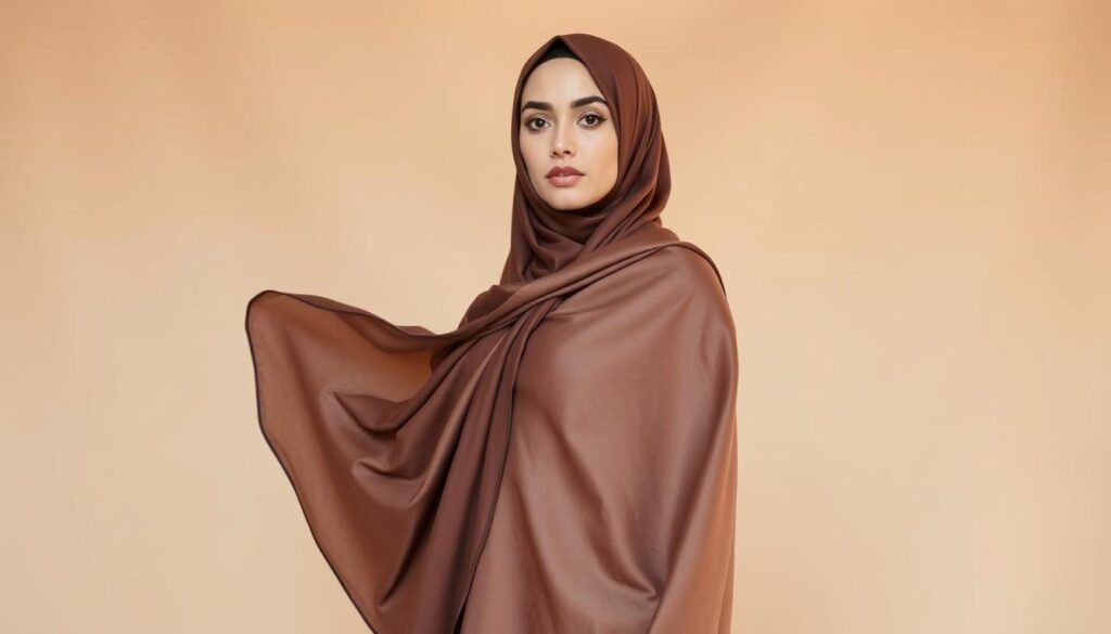 A stylish and contemporary khimar, draped elegantly against a soft, neutral backdrop. The fabric flows gracefully, highlighting its intricate, delicate patterns. The model stands confidently, her serene expression conveying a sense of cultural pride and tradition. Warm, diffused lighting illuminates the scene, creating a serene, contemplative atmosphere. The camera captures the khimar from a mid-level angle, emphasizing its refined silhouette and the model's poise. This image would seamlessly complement the "Event Khimar and Community" section, showcasing the timeless beauty and modern appeal of this iconic Islamic garment.