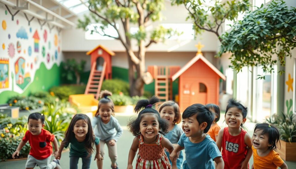 A vibrant, child-friendly school environment with a lush, verdant playground. Colorful murals and artwork decorate the walls, creating a warm, welcoming atmosphere. Whimsical structures, like playhouses and jungle gyms, invite children to explore and engage. The scene is bathed in soft, diffused lighting, casting a gentle glow over the space. In the foreground, a group of diverse children play happily together, their laughter and joy echoing through the setting. The overall mood is one of safety, inclusivity, and a deep respect for the well-being of young learners.