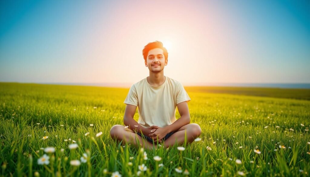 A young, vibrant individual named Tari, sitting cross-legged in a lush, verdant field, surrounded by a serene aura that radiates positivity and inner peace. The sun's warm rays bathe the scene, casting a soft, golden glow that highlights Tari's tranquil expression and the delicate wildflowers scattered throughout the landscape. In the background, a distant horizon line blends seamlessly with the azure sky, creating a sense of limitless possibility. The overall composition evokes a feeling of harmony, mindfulness, and the transformative power of embracing one's inner aura.