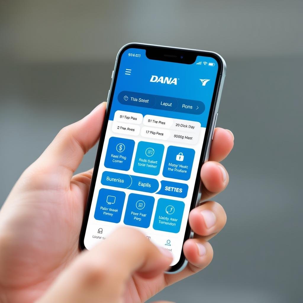 Antarmuka aplikasi DANA dengan fitur pembayaran dan transfer uang Antarmuka aplikasi DANA dengan fitur pembayaran dan transfer uang