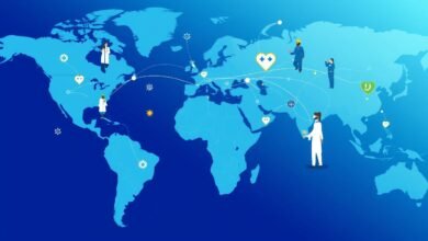 Ilustrasi globalisasi kesehatan menunjukkan peta dunia dengan simbol medis yang saling terhubung