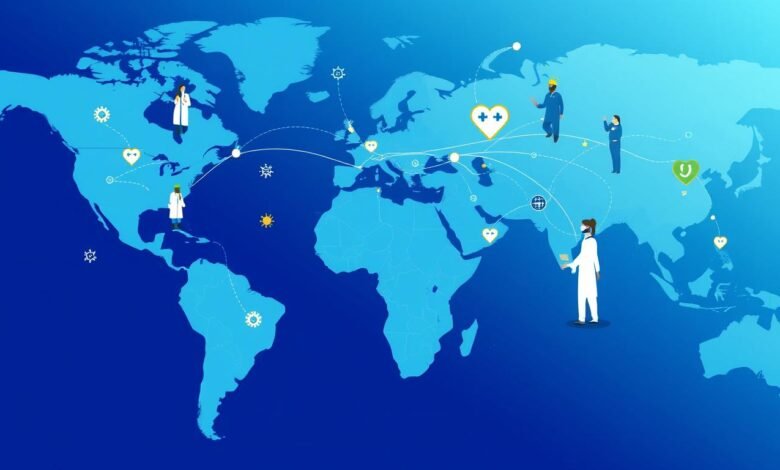 Ilustrasi globalisasi kesehatan menunjukkan peta dunia dengan simbol medis yang saling terhubung