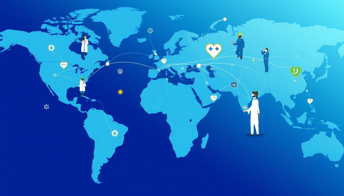 Ilustrasi globalisasi kesehatan menunjukkan peta dunia dengan simbol medis yang saling terhubung