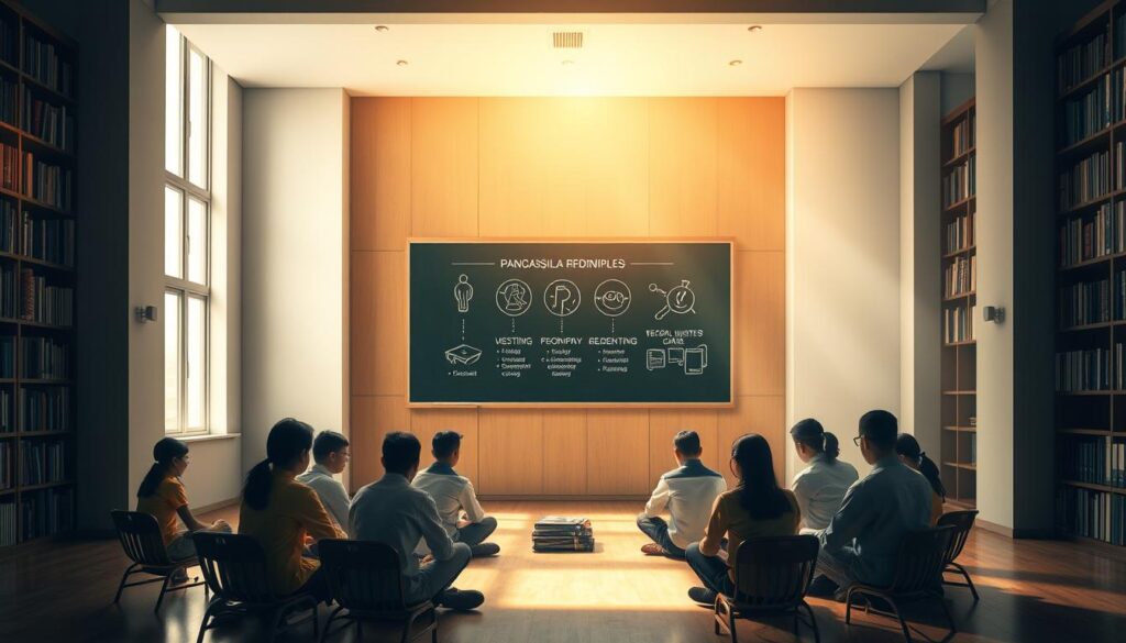 Nilai pancasila pendidikan: A serene, contemplative scene depicting the five principles of Pancasila, the philosophical foundation of Indonesia, embodied in an educational setting. In the foreground, a group of students sit in a circular formation, engaged in thoughtful discussion. Soft natural lighting filters through tall windows, casting a warm glow. In the middle ground, a chalkboard displays the five Pancasila principles, illustrated with simple, symbolic imagery. The background features a bookshelf-lined wall, reflecting the intellectual and cultural richness of the educational environment. The overall atmosphere conveys a sense of harmony, introspection, and the nurturing of civic values.