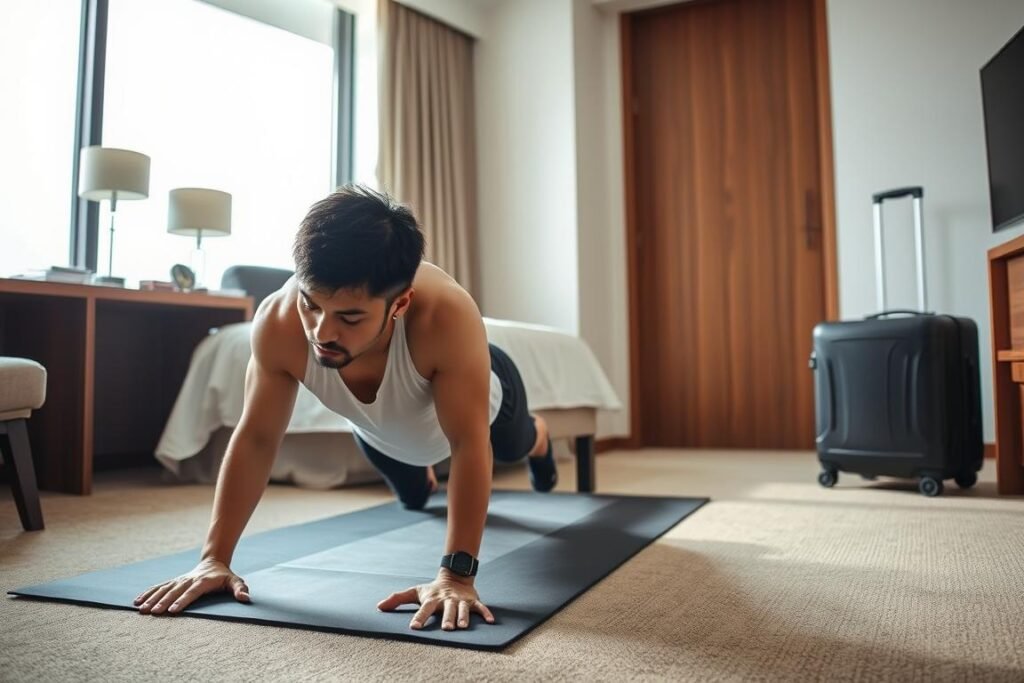 Seseorang melakukan latihan bodyweight di kamar hotel selama traveling jarak jauh Seseorang melakukan latihan bodyweight di kamar hotel selama traveling jarak jauh