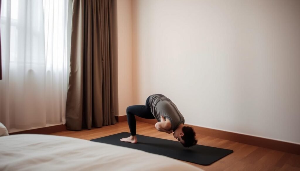 Seseorang melakukan pose yoga di ruang terbatas selama perjalanan Seseorang melakukan pose yoga di ruang terbatas selama perjalanan