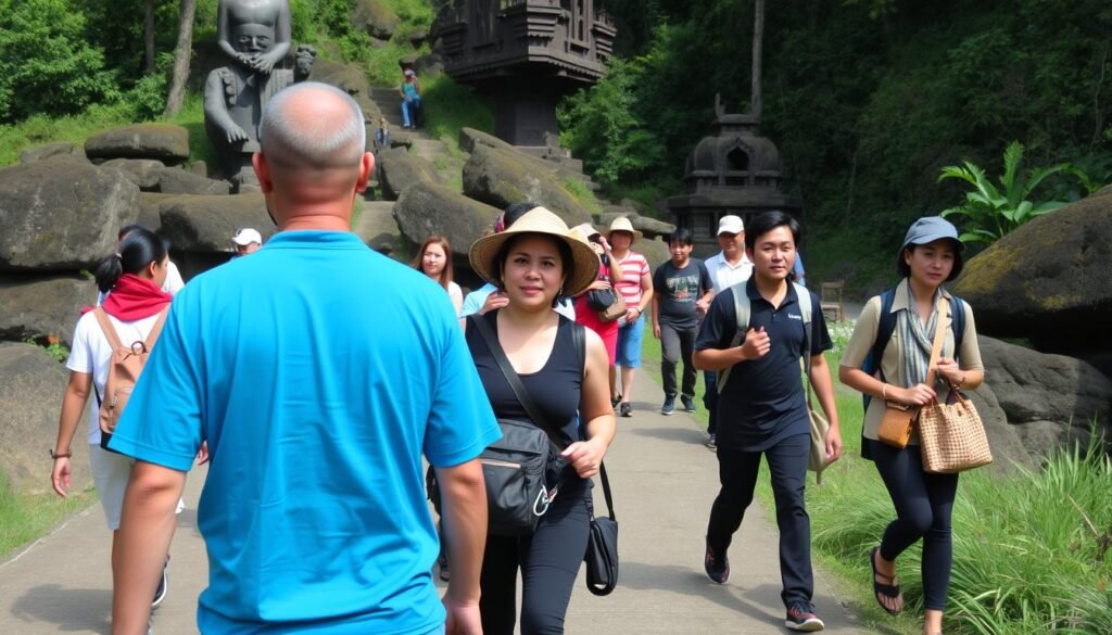 Wisatawan menjelajahi destinasi dengan berjalan kaki, mengintegrasikan latihan fisik dalam perjalanan Wisatawan menjelajahi destinasi dengan berjalan kaki, mengintegrasikan latihan fisik dalam perjalanan