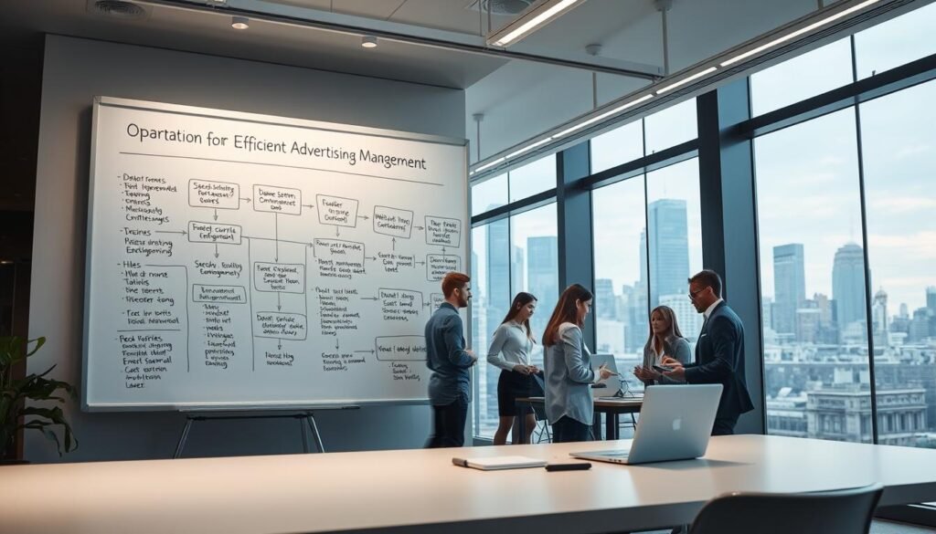 A modern, sleek office setting with a large whiteboard displaying a detailed flow chart of the operational process for efficient advertising management. Soft overhead lighting highlights the desk, laptop, and other office equipment in the foreground. In the middle ground, a team of professionals collaborating, analyzing data, and strategizing. The background showcases a city skyline through large windows, conveying a sense of a thriving, dynamic business environment. The mood is one of productivity, organization, and a data-driven approach to advertising operations.
