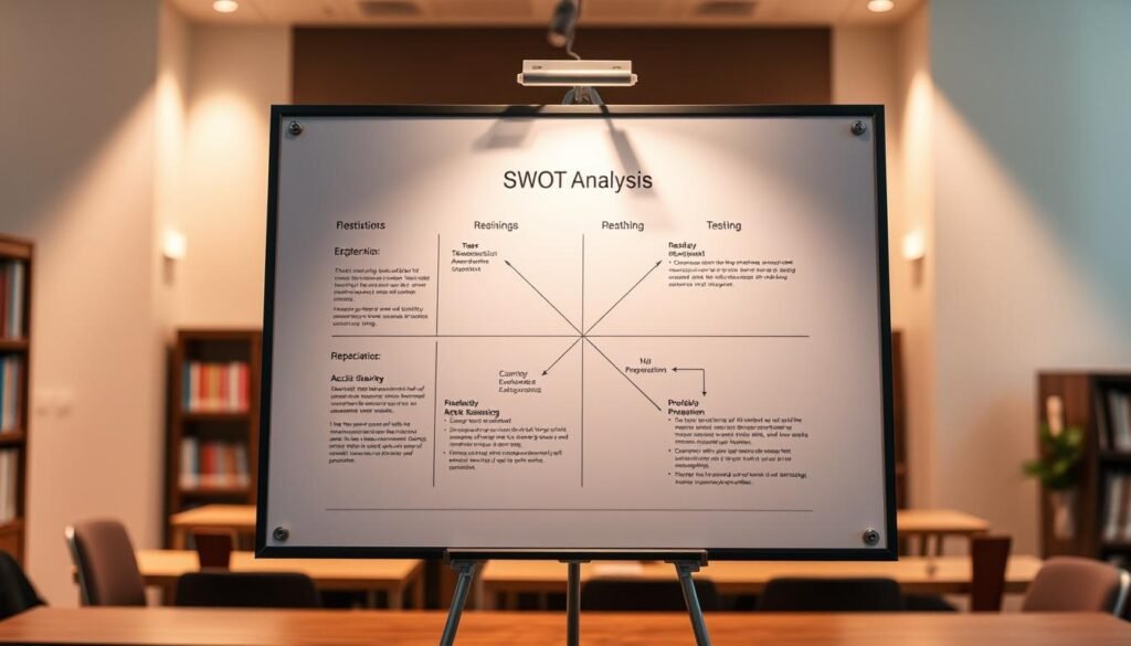 A neatly organized presentation board takes center stage, showcasing a SWOT analysis diagram against a warm-lit, academic setting. The board's clean layout highlights key points with clear headings and bulleted text, inviting the viewer to closely examine the student's strategic approach. Soft, directional lighting casts subtle shadows, creating depth and emphasizing the board's crisp, professional design. The background blurs gently, keeping the focus on the analysis tool and its thoughtful application. An air of focused deliberation pervades the scene, reflecting the student's careful preparation for their thesis defense. A neatly organized presentation board takes center stage, showcasing a SWOT analysis diagram against a warm-lit, academic setting. The board's clean layout highlights key points with clear headings and bulleted text, inviting the viewer to closely examine the student's strategic approach. Soft, directional lighting casts subtle shadows, creating depth and emphasizing the board's crisp, professional design. The background blurs gently, keeping the focus on the analysis tool and its thoughtful application. An air of focused deliberation pervades the scene, reflecting the student's careful preparation for their thesis defense.