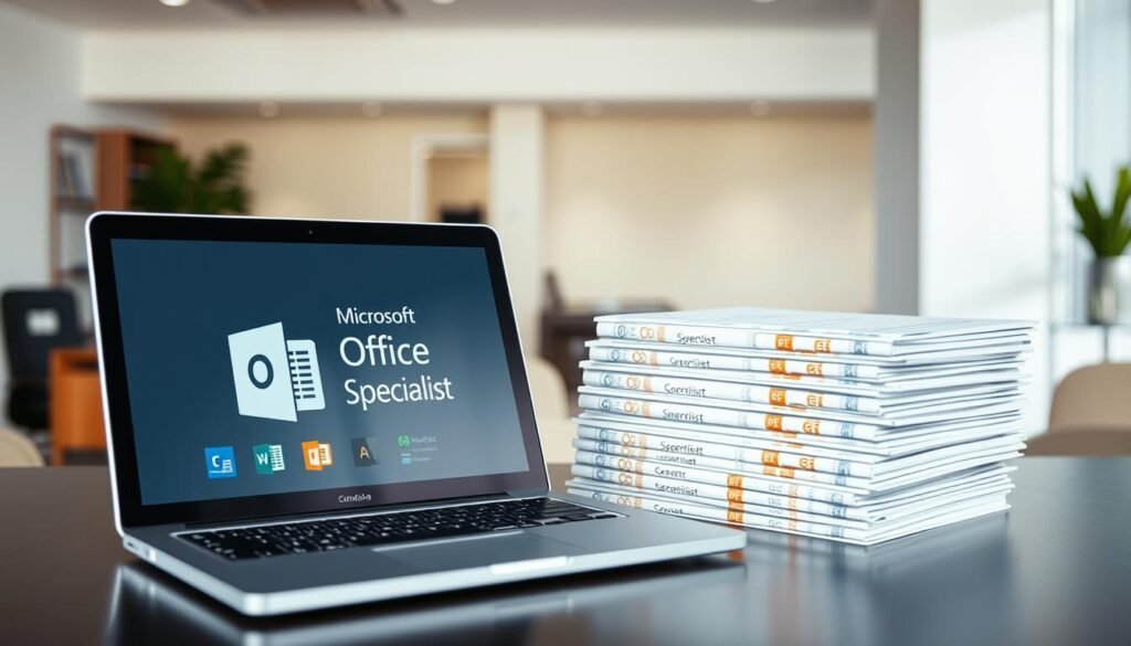 A professional, high-quality image of the Microsoft Office Specialist certification program. In the foreground, a laptop displaying the official Microsoft Office Specialist logo, surrounded by various Microsoft Office application icons. In the middle ground, a stack of Microsoft Office Specialist certification documents, conveying the sense of achievement and recognition. In the background, a clean, minimalist office setting with neutral tones, suggesting a professional and corporate environment. The lighting is soft and natural, highlighting the laptop and certification documents. The overall mood is one of professionalism, accomplishment, and the value of acquiring specialized IT skills and certifications.