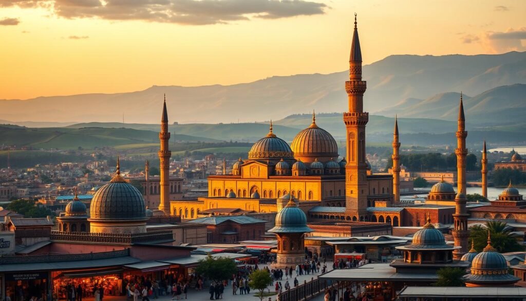 A serene, majestic cityscape at dusk, featuring grand, ornate domes and minarets of a thriving Islamic metropolis. In the foreground, a bustling marketplace with merchants and artisans engaged in lively trade, showcasing the economic self-sufficiency and prosperity of the Caliphate. The middle ground features a striking, towering mosque with intricate architectural details, bathed in warm, golden light. In the background, a lush, rolling landscape with verdant hills and a glimmering river, emphasizing the harmony between the urban and natural realms. The overall scene conveys a sense of spiritual and material abundance, reflecting the Caliphate's vision of economic independence and its role as a steward of the land.