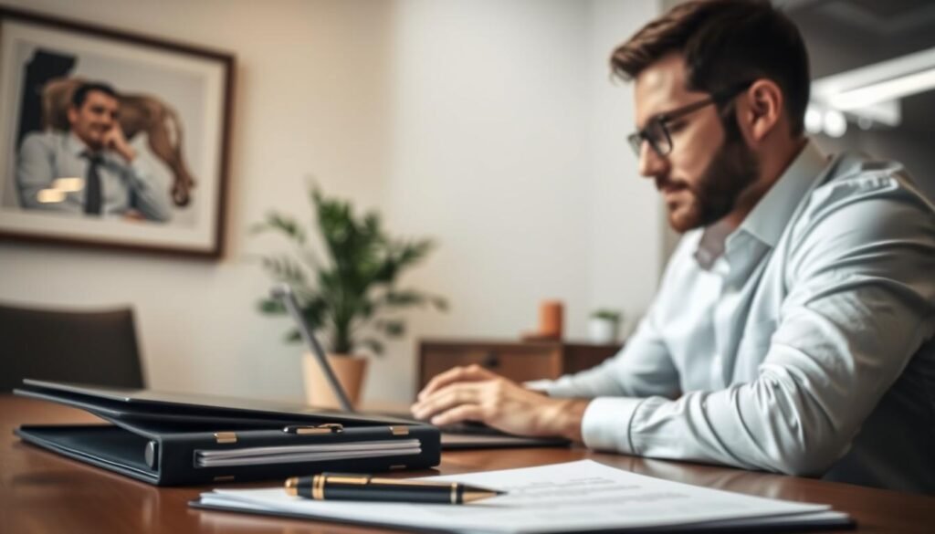 A well-lit office interior, with a professional looking businessman sitting at a desk, engrossed in a laptop screen. In the foreground, a portfolio of client documents and a pen resting on the table, suggesting a meeting or client acquisition process. The middle ground features a potted plant and a framed artwork on the wall, creating a warm, inviting atmosphere. The background is softly blurred, emphasizing the focus on the central figure and the task at hand. Subtle lighting casts a gentle glow, conveying a sense of productivity and success in securing new clients.