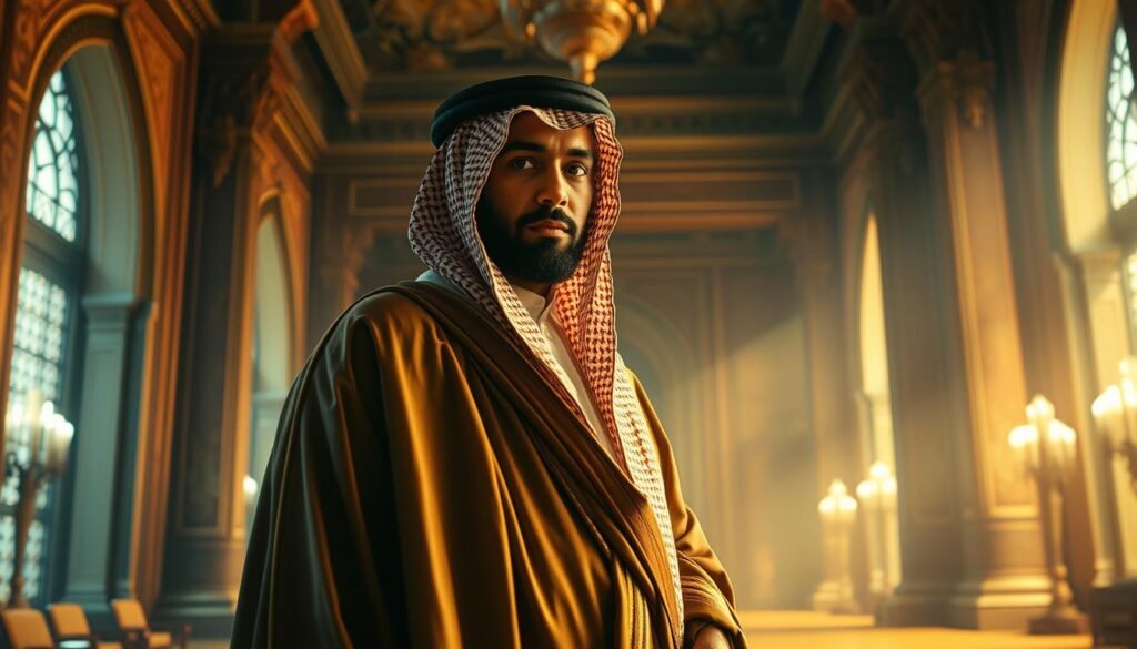 A wise and serene khalifah standing in a grand, ornate chamber, draped in flowing, dignified robes. The room is bathed in warm, ambient lighting, with intricate tapestries and ornamental columns lining the walls. The khalifah's gaze is tranquil yet penetrating, conveying a profound sense of ethical responsibility and spiritual enlightenment. The scene evokes a timeless, reverent atmosphere, reflecting the noble role and moral authority of the khalifah as a steward and guardian of the faith.