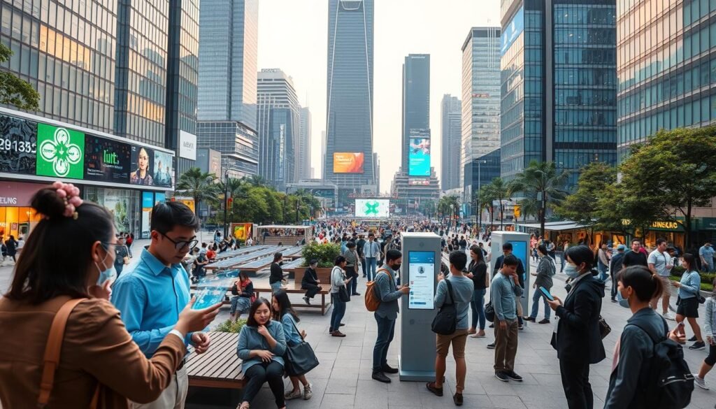 A bustling urban landscape showcasing "digital lifestyle technology" in action. In the foreground, diverse professionals in smart casual clothing interact with holographic devices, tapping into augmented reality interfaces. The middle ground features a vibrant city square filled with smart benches, solar panels, and interactive information kiosks. People of various backgrounds, including families, students, and tech enthusiasts, are engaging with digital displays, all under the soft glow of evening light. The background features towering, modern skyscrapers adorned with LED screens and greenery, representing innovation in urban design. The atmosphere is energetic and forward-thinking, with a focus on connectivity and convenience in everyday life. The image captures a harmonious blend of technology and urban living, with a wide-angle view that enhances the dynamic interaction between people and technology. A bustling urban landscape showcasing "digital lifestyle technology" in action. In the foreground, diverse professionals in smart casual clothing interact with holographic devices, tapping into augmented reality interfaces. The middle ground features a vibrant city square filled with smart benches, solar panels, and interactive information kiosks. People of various backgrounds, including families, students, and tech enthusiasts, are engaging with digital displays, all under the soft glow of evening light. The background features towering, modern skyscrapers adorned with LED screens and greenery, representing innovation in urban design. The atmosphere is energetic and forward-thinking, with a focus on connectivity and convenience in everyday life. The image captures a harmonious blend of technology and urban living, with a wide-angle view that enhances the dynamic interaction between people and technology.