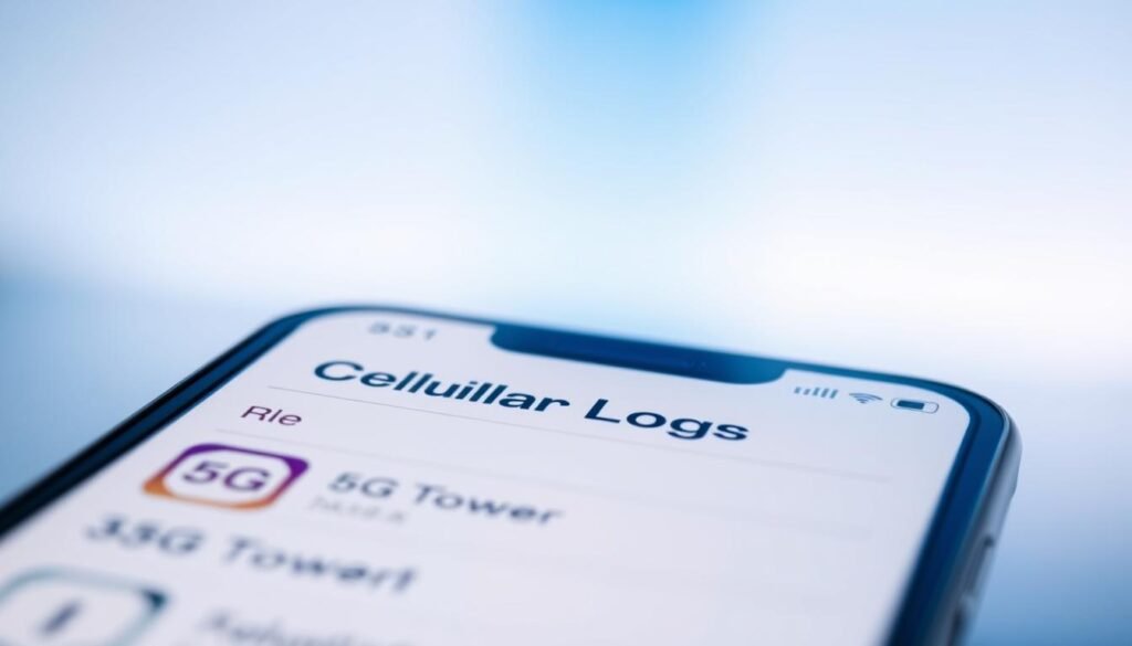 A close-up view of an iOS device screen displaying the "Cellular Logs" menu, with clear visual indications of 5G tower information. The foreground features detailed icons and buttons characteristic of the iPhone interface, illuminated by soft, warm LED lighting that creates a modern and tech-savvy atmosphere. In the middle ground, a blurred representation of the iPhone's sleek design adds depth and context, reinforcing that it's an Apple device. The background is a subtle gradient of blue and white, evoking a clean and high-tech environment. The overall mood is informative and professional, aiming to capture the essence of mobile technology and connectivity, perfect for an article on understanding cellular logs. A close-up view of an iOS device screen displaying the "Cellular Logs" menu, with clear visual indications of 5G tower information. The foreground features detailed icons and buttons characteristic of the iPhone interface, illuminated by soft, warm LED lighting that creates a modern and tech-savvy atmosphere. In the middle ground, a blurred representation of the iPhone's sleek design adds depth and context, reinforcing that it's an Apple device. The background is a subtle gradient of blue and white, evoking a clean and high-tech environment. The overall mood is informative and professional, aiming to capture the essence of mobile technology and connectivity, perfect for an article on understanding cellular logs.