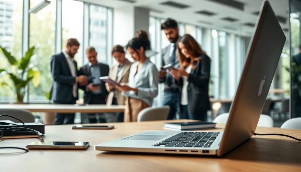 A modern workspace showcasing essential technologies supporting a digital lifestyle. In the foreground, depict a sleek laptop open on a clutter-free desk with smart devices like a tablet and smartphone beside it. The middle layer features a diverse group of individuals in professional attire engaging with various devices, demonstrating collaboration and connectivity. In the background, include a bright and airy urban office space with large windows, allowing natural light to flood in, with greenery visible outside. Use a shallow depth of field to emphasize the foreground details while softly blurring the background. The overall mood should convey innovation and productivity, illustrating how technology seamlessly integrates into both urban and rural lifestyles. A modern workspace showcasing essential technologies supporting a digital lifestyle. In the foreground, depict a sleek laptop open on a clutter-free desk with smart devices like a tablet and smartphone beside it. The middle layer features a diverse group of individuals in professional attire engaging with various devices, demonstrating collaboration and connectivity. In the background, include a bright and airy urban office space with large windows, allowing natural light to flood in, with greenery visible outside. Use a shallow depth of field to emphasize the foreground details while softly blurring the background. The overall mood should convey innovation and productivity, illustrating how technology seamlessly integrates into both urban and rural lifestyles.