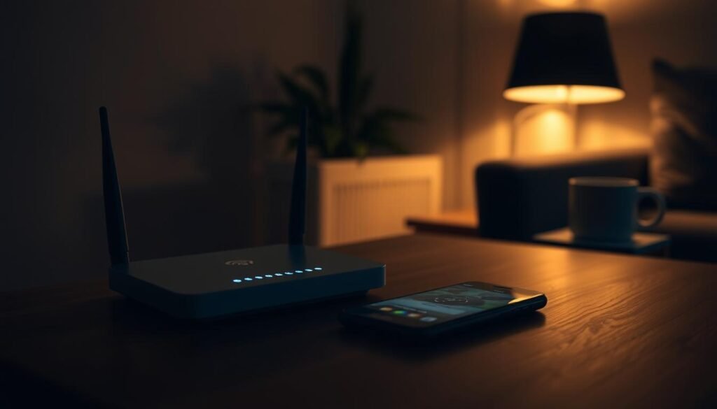 A serene, dimly lit room with a Wi-Fi router and a smartphone on a wooden table. The router's LED indicators softly glow, hinting at a stable internet connection. The smartphone's screen displays a game or app, with a minimal user interface suggesting a seamless online experience. Soft, warm lighting from a nearby lamp creates a cozy atmosphere, while subtle details like a houseplant or a cup of coffee add to the scene's homely ambiance. The composition emphasizes the balance between technology and comfort, conveying the idea of a stable, optimized internet setup for smooth online gaming or streaming. A serene, dimly lit room with a Wi-Fi router and a smartphone on a wooden table. The router's LED indicators softly glow, hinting at a stable internet connection. The smartphone's screen displays a game or app, with a minimal user interface suggesting a seamless online experience. Soft, warm lighting from a nearby lamp creates a cozy atmosphere, while subtle details like a houseplant or a cup of coffee add to the scene's homely ambiance. The composition emphasizes the balance between technology and comfort, conveying the idea of a stable, optimized internet setup for smooth online gaming or streaming.