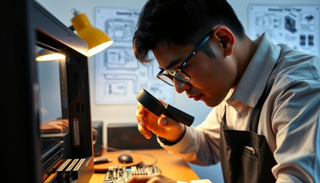 A technician intently examining a desktop computer, scrutinizing the internal components with a magnifying glass. The workspace is illuminated by a warm desk lamp, casting a soft glow on the scene. In the background, a technical diagram of computer hardware hangs on the wall, providing context. The technician's expression is one of deep concentration as they methodically troubleshoot the device, seeking the source of any performance issues. The overall atmosphere conveys a sense of problem-solving and attention to detail, reflecting the "Troubleshooting & Batas Perangkat" section of the article. A technician intently examining a desktop computer, scrutinizing the internal components with a magnifying glass. The workspace is illuminated by a warm desk lamp, casting a soft glow on the scene. In the background, a technical diagram of computer hardware hangs on the wall, providing context. The technician's expression is one of deep concentration as they methodically troubleshoot the device, seeking the source of any performance issues. The overall atmosphere conveys a sense of problem-solving and attention to detail, reflecting the "Troubleshooting & Batas Perangkat" section of the article.
