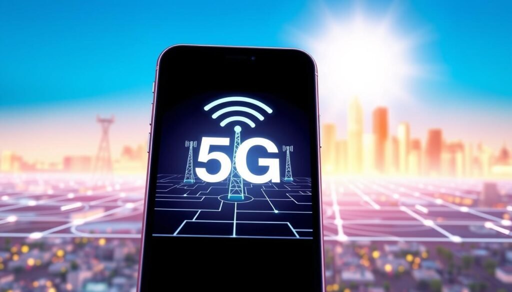 A vibrant and detailed illustration showcasing the advantages of iOS in managing 5G networks. In the foreground, depict a sleek iPhone displaying a network signal icon indicating strong 5G connectivity, with an animated representation of cellular towers in the background. The middle ground features a digital map highlighting 5G tower locations, with dotted lines connecting the phone to the towers, symbolizing fast data transmission. The background showcases a bright city skyline under a clear blue sky, emphasizing modern technology and connectivity. Utilize soft, natural lighting to create a professional yet dynamic atmosphere. The angle should be slightly elevated, capturing the essence of innovation and efficiency offered by iOS in the realm of 5G networking. A vibrant and detailed illustration showcasing the advantages of iOS in managing 5G networks. In the foreground, depict a sleek iPhone displaying a network signal icon indicating strong 5G connectivity, with an animated representation of cellular towers in the background. The middle ground features a digital map highlighting 5G tower locations, with dotted lines connecting the phone to the towers, symbolizing fast data transmission. The background showcases a bright city skyline under a clear blue sky, emphasizing modern technology and connectivity. Utilize soft, natural lighting to create a professional yet dynamic atmosphere. The angle should be slightly elevated, capturing the essence of innovation and efficiency offered by iOS in the realm of 5G networking.