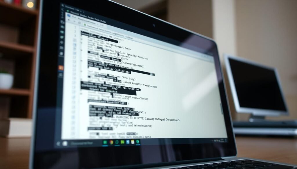 An interior view of a laptop or desktop computer, with a close-up focus on a configuration XML file displayed on the screen. The file should have a clean, well-organized structure, conveying a sense of technical precision and attention to detail. The lighting should be soft and diffused, creating a calm, focused atmosphere. The camera angle should be slightly elevated, giving the viewer a sense of looking down at the screen, as if they are a technician or developer closely examining the file. The background should be subtly blurred, keeping the attention on the XML configuration and creating a sense of depth and professionalism.