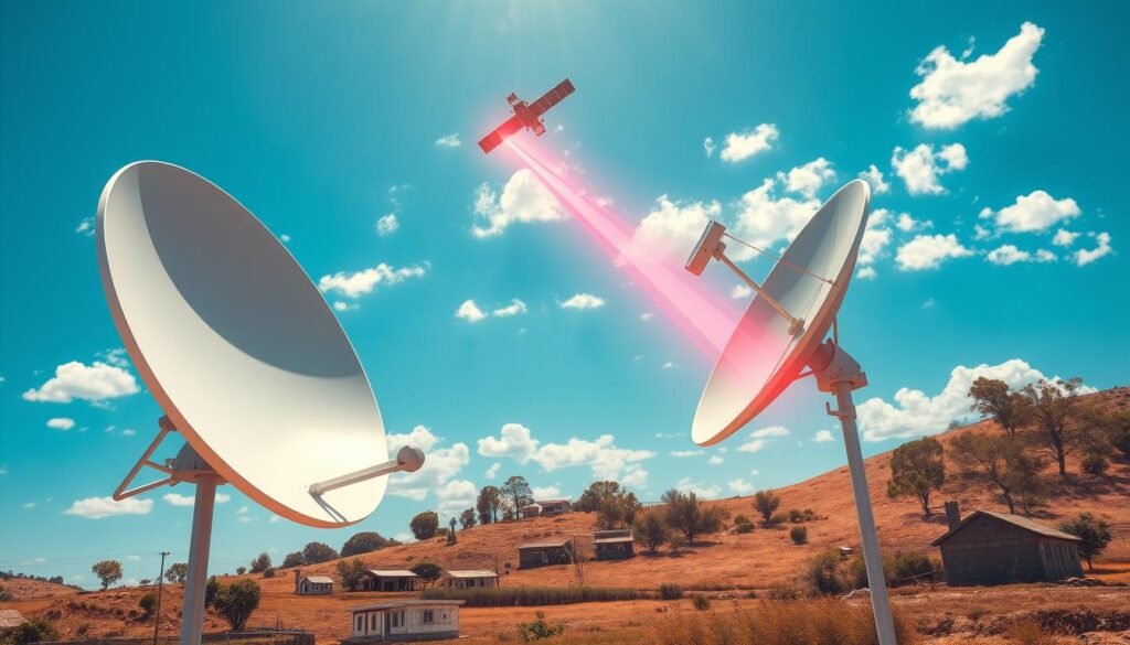 A futuristic satellite internet system in action, showcasing how it connects remote areas. In the foreground, a sleek satellite dish is pointed skyward, gleaming under bright sunlight, with a signal beam visibly radiating towards a satellite in the sky. In the middle ground, a small rural village with houses and trees, illustrating a stark contrast between technology and nature. The background features a vast blue sky scattered with fluffy clouds and a high-tech satellite orbiting above, with digital signals represented visually between them. Use bright, vibrant colors to convey a sense of hope and innovation. The lighting should be bright and daylight, capturing a clean, sharp focus that signifies clarity and connectivity. The overall atmosphere is optimistic and forward-looking, emphasizing the potential of satellite internet as a viable solution for remote regions. A futuristic satellite internet system in action, showcasing how it connects remote areas. In the foreground, a sleek satellite dish is pointed skyward, gleaming under bright sunlight, with a signal beam visibly radiating towards a satellite in the sky. In the middle ground, a small rural village with houses and trees, illustrating a stark contrast between technology and nature. The background features a vast blue sky scattered with fluffy clouds and a high-tech satellite orbiting above, with digital signals represented visually between them. Use bright, vibrant colors to convey a sense of hope and innovation. The lighting should be bright and daylight, capturing a clean, sharp focus that signifies clarity and connectivity. The overall atmosphere is optimistic and forward-looking, emphasizing the potential of satellite internet as a viable solution for remote regions.