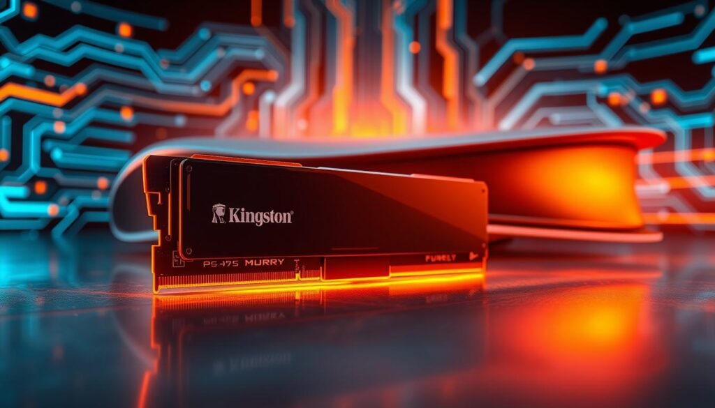 A hyper-realistic depiction of a Kingston Fury memory module, showcased prominently in the foreground, gleaming with intricate details like the heat sink and brand logo. In the middle ground, a stylized PS5 console emits a faint glow, enveloping the scene in a dynamic, warm light that emphasizes its sleek design. The background features swirling patterns of digital circuitry, representing high-performance technology and gaming graphics, in a cool blue and silver palette to contrast with the warm tones. The atmosphere is intense and energetic, reflecting the excitement of gaming, while subtle temperature indicators in the background hint at overheating issues. The image is captured at a slight low angle, enhancing the dominance of the Kingston Fury, with soft reflections and highlights that add depth and professionalism to the overall composition. A hyper-realistic depiction of a Kingston Fury memory module, showcased prominently in the foreground, gleaming with intricate details like the heat sink and brand logo. In the middle ground, a stylized PS5 console emits a faint glow, enveloping the scene in a dynamic, warm light that emphasizes its sleek design. The background features swirling patterns of digital circuitry, representing high-performance technology and gaming graphics, in a cool blue and silver palette to contrast with the warm tones. The atmosphere is intense and energetic, reflecting the excitement of gaming, while subtle temperature indicators in the background hint at overheating issues. The image is captured at a slight low angle, enhancing the dominance of the Kingston Fury, with soft reflections and highlights that add depth and professionalism to the overall composition.