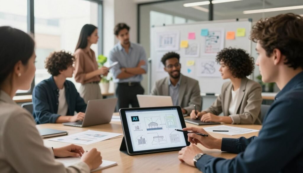 A modern office workspace designed for creativity and collaboration, showcasing a diverse team of professionals in smart business attire engaging in a lively brainstorming session. In the foreground, a digital tablet displays innovative graphic designs enhanced by AI tools, while team members review and discuss ideas with focused expressions. The middle ground features a whiteboard filled with colorful sketches and notes, symbolizing the design improvement process. In the background, large windows let in warm, natural light to create an inviting atmosphere, with plants adding a touch of greenery. The overall mood should be optimistic and dynamic, capturing the energy of successful design enhancement through AI technology.