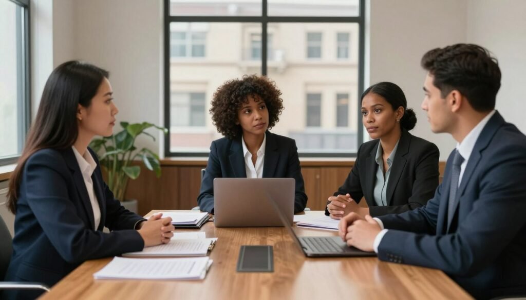A professional office setting depicting the concept of administrative practices against a backdrop of historical discrimination. In the foreground, a diverse group of three office workers in professional business attire engages in discussion, emphasizing collaboration and equality—two women, one of Asian descent and one of African descent, alongside a man of Middle-Eastern descent. The middle ground shows a large wooden conference table strewn with documents and a laptop, symbolizing critical dialogue about civil rights. The background features a large window with natural light filtering in, casting a warm glow across the scene, with subtle reminders of historical architecture that evokes a sense of history. The atmosphere conveys a serious yet hopeful tone, reflecting the ongoing fight for civil rights and equality in administrative practices.