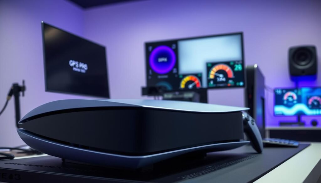 A sleek, modern gaming console positioned on a diagnostic workstation, showcasing a high-tech environment. The foreground features a close-up of a PS5 Pro, with an illuminated display screen showing GPU performance metrics, including clock speeds of 2.8GHz and 2.1GHz. The middle ground displays diagnostic tools and thermal imaging equipment, highlighting a temperature gauge indicating rising temperatures. The background has a well-lit, minimalist gaming room with subtle blue and purple ambient lighting, emphasizing a futuristic atmosphere. Use a shallow depth of field to focus on the console and tools, enhancing the professional environment. Capture the mood of urgency and technical precision, as if diagnosing overheating issues in real-time. A sleek, modern gaming console positioned on a diagnostic workstation, showcasing a high-tech environment. The foreground features a close-up of a PS5 Pro, with an illuminated display screen showing GPU performance metrics, including clock speeds of 2.8GHz and 2.1GHz. The middle ground displays diagnostic tools and thermal imaging equipment, highlighting a temperature gauge indicating rising temperatures. The background has a well-lit, minimalist gaming room with subtle blue and purple ambient lighting, emphasizing a futuristic atmosphere. Use a shallow depth of field to focus on the console and tools, enhancing the professional environment. Capture the mood of urgency and technical precision, as if diagnosing overheating issues in real-time.