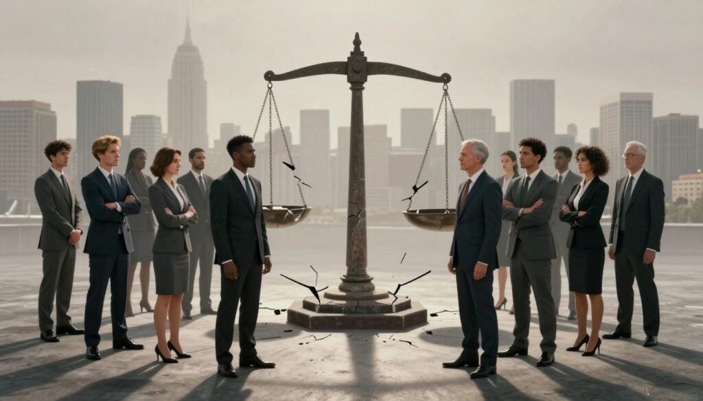 A thought-provoking scene depicting the concept of racial and ethnic discrimination. In the foreground, a diverse group of individuals, wearing professional business attire, stand connected yet separated by an invisible barrier, representing division. In the middle ground, a large, cracked, broken scale symbolizes the imbalance of civil rights, casting shadows over the group. The background showcases a faded city skyline, hinting at a historical context of civil rights struggles. Soft, dramatic lighting casts an introspective mood, enhancing the tension in the scene. The angle is slightly elevated, providing a comprehensive view of the group and the scale below, inviting the viewer to reflect on the pervasive issue of discrimination within society.