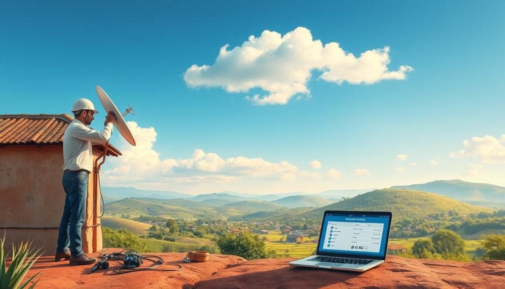 A visually informative illustration of satellite internet implementation in a rural area, focused on a network technician in professional attire setting up a satellite dish atop a small, rustic building. In the foreground, the technician is carefully aligning the dish, with tools and equipment nearby. The middle ground features the satellite dish capturing signals, with a laptop displaying a connectivity interface. In the background, showcase a serene landscape of an isolated village surrounded by lush greenery and hills, under a bright blue sky with soft clouds. The lighting is warm and natural, evoking a sense of hope and technological advancement. The overall atmosphere should be optimistic and practical, highlighting the transformative power of satellite internet in remote locations. A visually informative illustration of satellite internet implementation in a rural area, focused on a network technician in professional attire setting up a satellite dish atop a small, rustic building. In the foreground, the technician is carefully aligning the dish, with tools and equipment nearby. The middle ground features the satellite dish capturing signals, with a laptop displaying a connectivity interface. In the background, showcase a serene landscape of an isolated village surrounded by lush greenery and hills, under a bright blue sky with soft clouds. The lighting is warm and natural, evoking a sense of hope and technological advancement. The overall atmosphere should be optimistic and practical, highlighting the transformative power of satellite internet in remote locations.