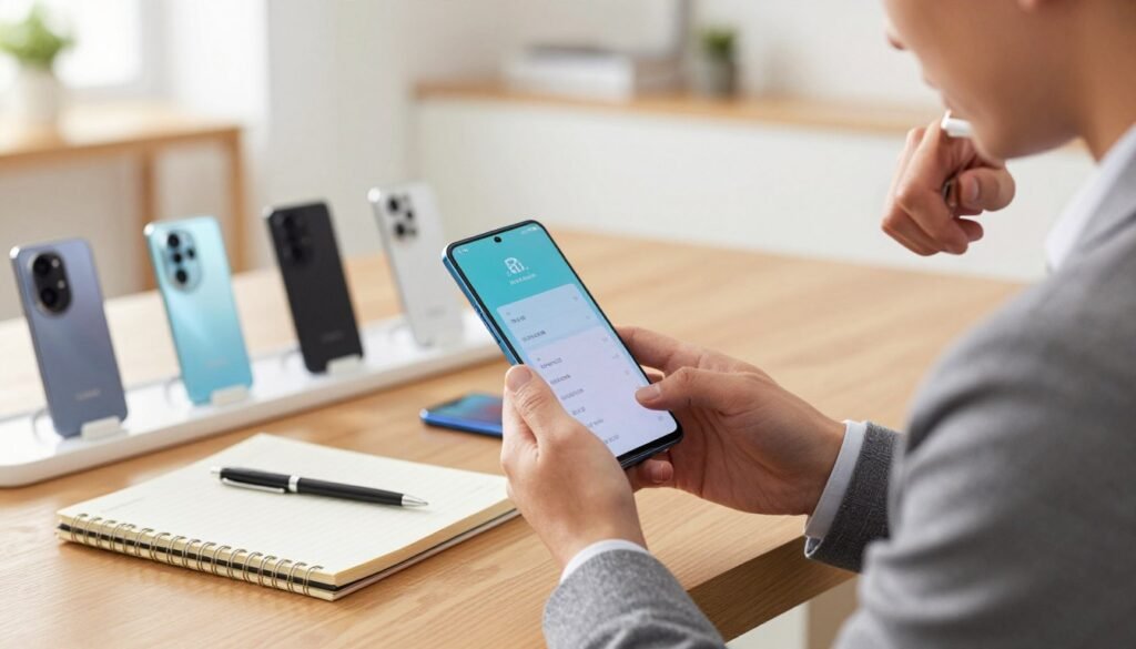 A focused composition illustrating the initial steps for buying a used smartphone, specifically an OPPO device. In the foreground, a person dressed in professional business attire is examining a modern smartphone in their hand, with a thoughtful expression, examining specs on the screen. In the middle ground, a wooden table is cluttered with various smartphone models, a notebook, and a pen, emphasizing the research process. The background features a cozy, well-lit room with soft, natural lighting coming through a window, creating an inviting atmosphere. Use a shallow depth of field to blur the background slightly, keeping the focus on the smartphone and the evaluating person. Capture a mood of diligence and careful consideration in the buying process.