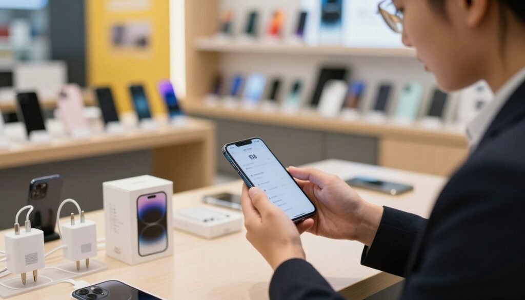 A professional setting showcasing a secure smartphone transaction. In the foreground, a well-dressed person, male or female, holds a smartphone with visible specifications displayed on the screen. Their expression is focused and confident. In the middle ground, a cluttered yet organized table features accessories like chargers and original packaging, indicating a second-hand purchase. A warm, focused light illuminates the scene, creating a sense of trust and professionalism. In the background, a blurred shop environment displays shelves of smartphones and tech gadgets, evoking a marketplace ambiance. The overall mood is reassuring and informative, ideal for guiding readers in safe transactions for used devices.