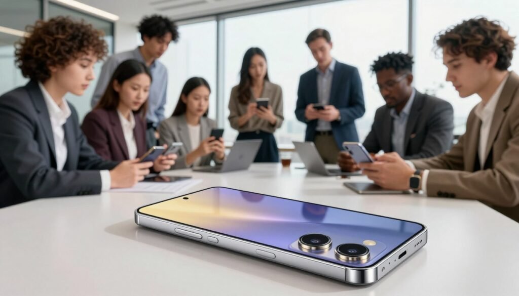 A sleek and modern Samsung Galaxy S24 Ultra smartphone prominently displayed in the foreground, showcasing its advanced design and features, with soft reflections on its glass surface. In the middle ground, a diverse group of professional individuals engaged in a brainstorming session, wearing stylish business attire, highlighting collaboration and innovation. They are interacting with their devices, emphasizing the smartphone’s utility for professionals. In the background, a contemporary office setting with large windows allowing natural light to flood the room, creating a vibrant atmosphere. The lens captures the scene from a slightly elevated angle, enhancing the dynamic interaction among the group. The overall mood is energetic and forward-thinking, symbolizing the connectivity and efficiency offered by the Samsung Galaxy S24 Ultra.